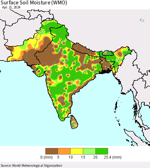 Southern Asia Surface Soil Moisture (WMO) Thematic Map For 4/15/2024 - 4/21/2024