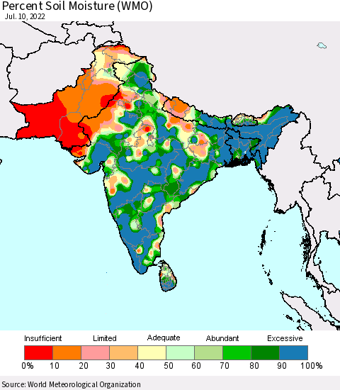 Southern Asia Percent Soil Moisture (WMO) Thematic Map For 7/6/2022 - 7/10/2022