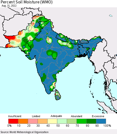 Southern Asia Percent Soil Moisture (WMO) Thematic Map For 8/26/2022 - 8/31/2022