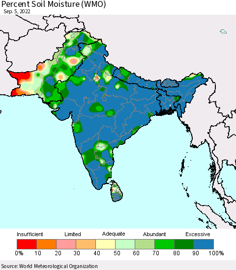 Southern Asia Percent Soil Moisture (WMO) Thematic Map For 9/1/2022 - 9/5/2022