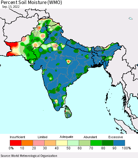 Southern Asia Percent Soil Moisture (WMO) Thematic Map For 9/11/2022 - 9/15/2022