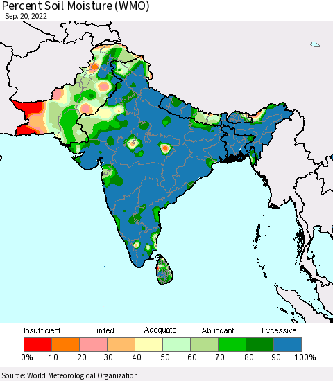Southern Asia Percent Soil Moisture (WMO) Thematic Map For 9/16/2022 - 9/20/2022