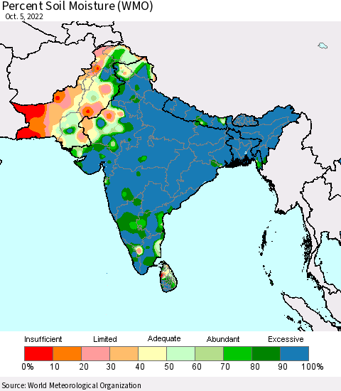 Southern Asia Percent Soil Moisture (WMO) Thematic Map For 10/1/2022 - 10/5/2022