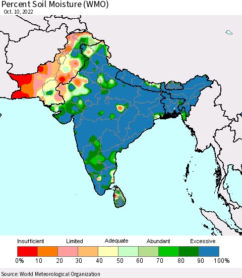 Southern Asia Percent Soil Moisture (WMO) Thematic Map For 10/6/2022 - 10/10/2022
