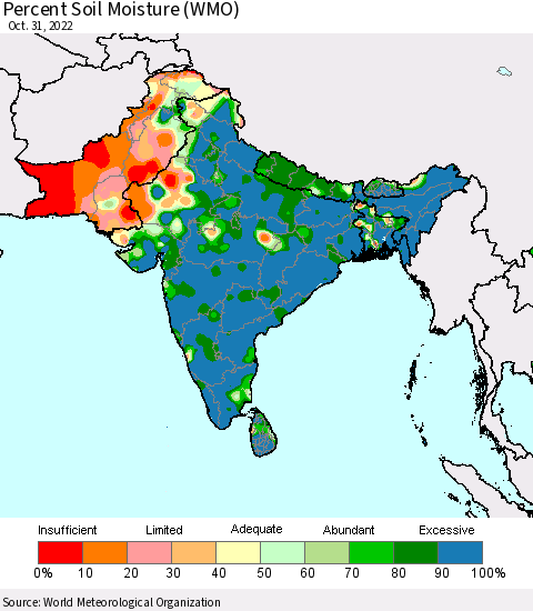 Southern Asia Percent Soil Moisture (WMO) Thematic Map For 10/26/2022 - 10/31/2022