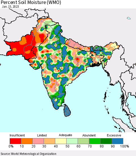Southern Asia Percent Soil Moisture (WMO) Thematic Map For 1/11/2023 - 1/15/2023