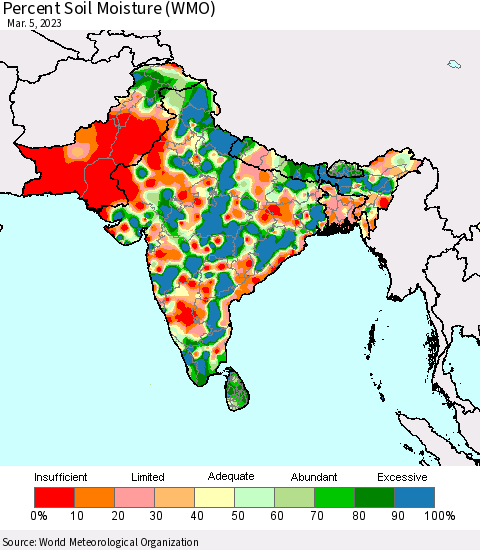 Southern Asia Percent Soil Moisture (WMO) Thematic Map For 3/1/2023 - 3/5/2023