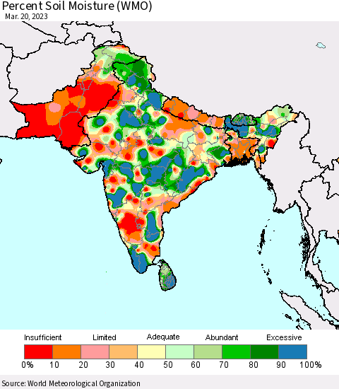 Southern Asia Percent Soil Moisture (WMO) Thematic Map For 3/16/2023 - 3/20/2023