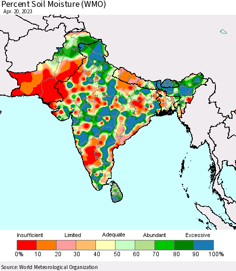 Southern Asia Percent Soil Moisture (WMO) Thematic Map For 4/16/2023 - 4/20/2023