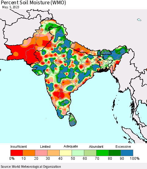 Southern Asia Percent Soil Moisture (WMO) Thematic Map For 5/1/2023 - 5/5/2023