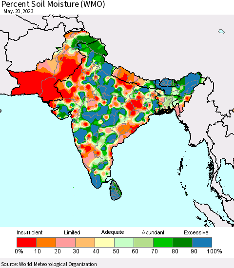 Southern Asia Percent Soil Moisture (WMO) Thematic Map For 5/16/2023 - 5/20/2023