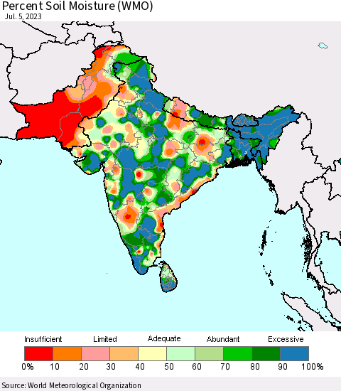 Southern Asia Percent Soil Moisture (WMO) Thematic Map For 7/1/2023 - 7/5/2023