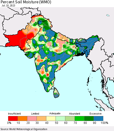 Southern Asia Percent Soil Moisture (WMO) Thematic Map For 7/6/2023 - 7/10/2023