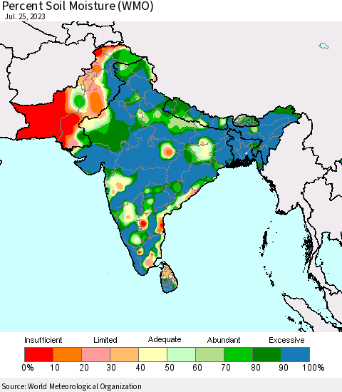 Southern Asia Percent Soil Moisture (WMO) Thematic Map For 7/21/2023 - 7/25/2023