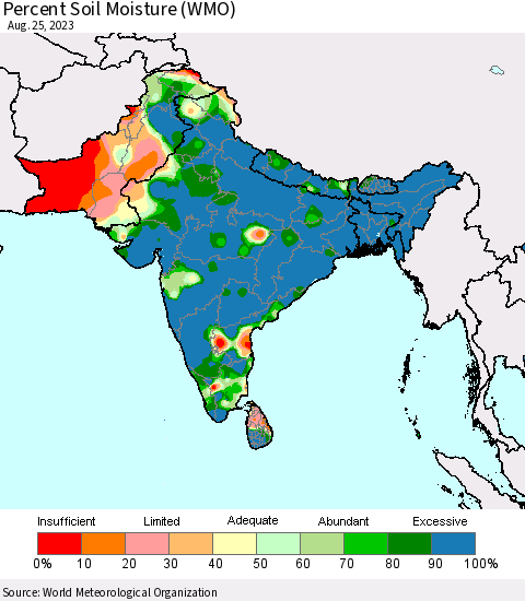 Southern Asia Percent Soil Moisture (WMO) Thematic Map For 8/21/2023 - 8/25/2023