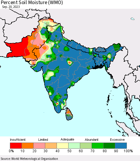 Southern Asia Percent Soil Moisture (WMO) Thematic Map For 9/16/2023 - 9/20/2023