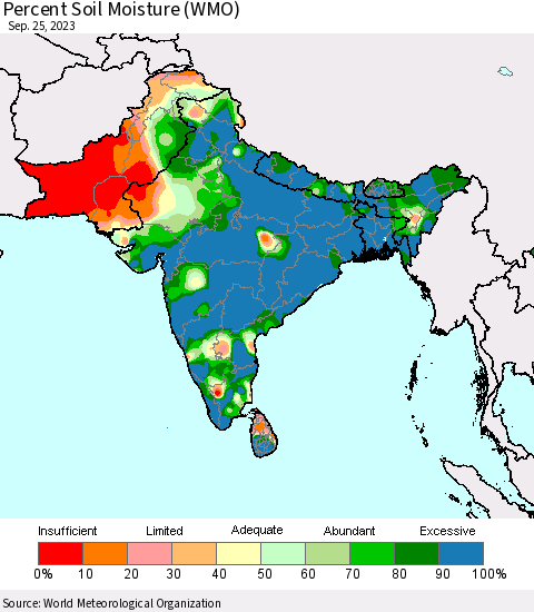 Southern Asia Percent Soil Moisture (WMO) Thematic Map For 9/21/2023 - 9/25/2023