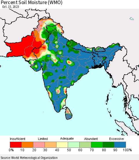 Southern Asia Percent Soil Moisture (WMO) Thematic Map For 10/11/2023 - 10/15/2023