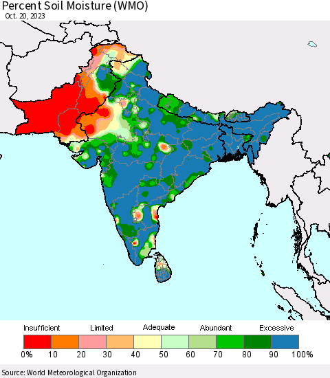 Southern Asia Percent Soil Moisture (WMO) Thematic Map For 10/16/2023 - 10/20/2023