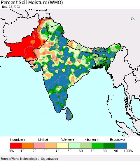 Southern Asia Percent Soil Moisture (WMO) Thematic Map For 11/21/2023 - 11/25/2023