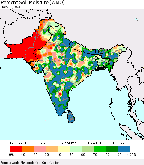Southern Asia Percent Soil Moisture (WMO) Thematic Map For 12/26/2023 - 12/31/2023