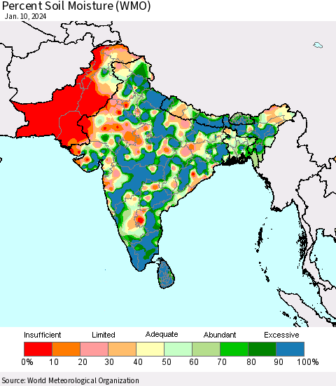 Southern Asia Percent Soil Moisture (WMO) Thematic Map For 1/6/2024 - 1/10/2024