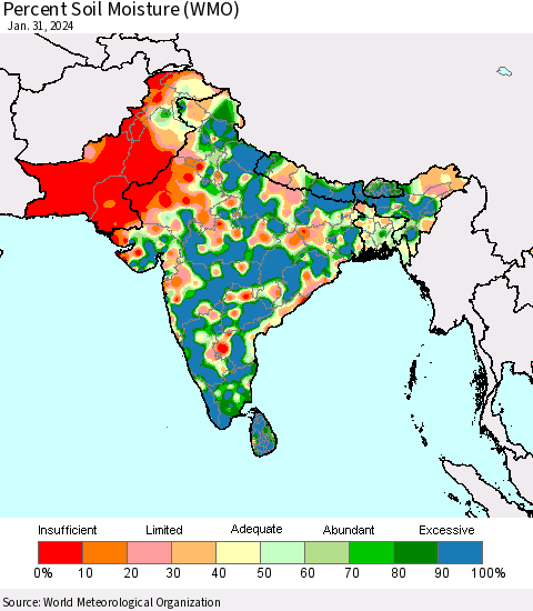 Southern Asia Percent Soil Moisture (WMO) Thematic Map For 1/26/2024 - 1/31/2024