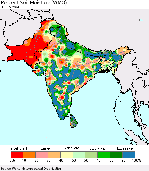 Southern Asia Percent Soil Moisture (WMO) Thematic Map For 2/1/2024 - 2/5/2024
