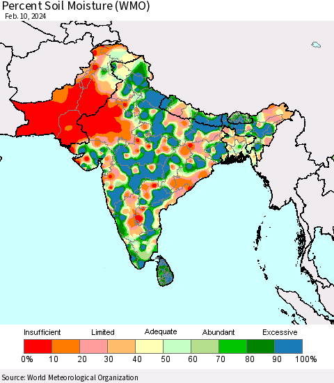 Southern Asia Percent Soil Moisture (WMO) Thematic Map For 2/6/2024 - 2/10/2024