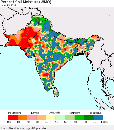 Southern Asia Percent Soil Moisture (WMO) Thematic Map For 3/11/2024 - 3/15/2024