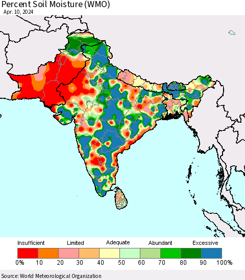 Southern Asia Percent Soil Moisture (WMO) Thematic Map For 4/6/2024 - 4/10/2024