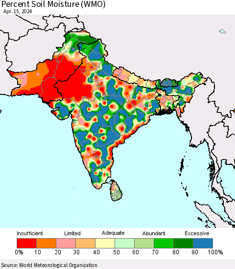 Southern Asia Percent Soil Moisture (WMO) Thematic Map For 4/11/2024 - 4/15/2024