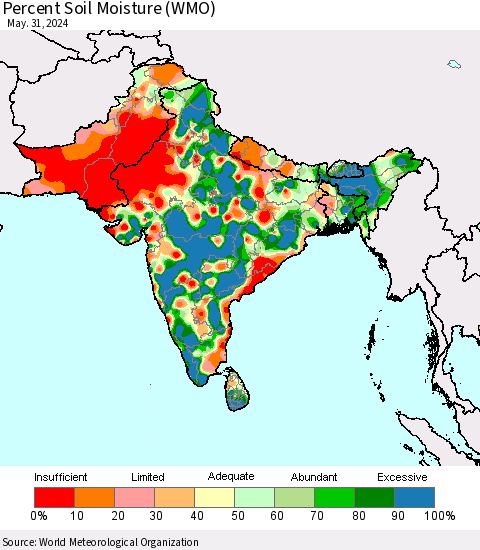 Southern Asia Percent Soil Moisture (WMO) Thematic Map For 5/26/2024 - 5/31/2024