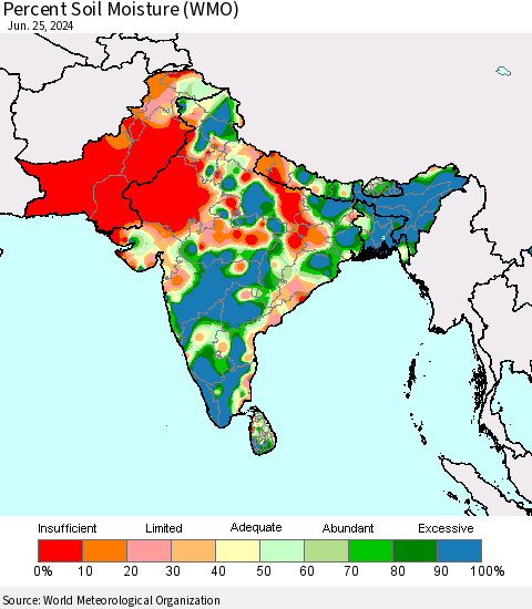 Southern Asia Percent Soil Moisture (WMO) Thematic Map For 6/21/2024 - 6/25/2024