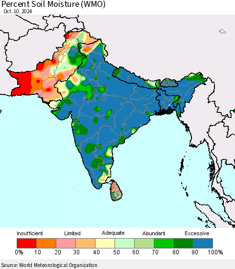 Southern Asia Percent Soil Moisture (WMO) Thematic Map For 10/6/2024 - 10/10/2024