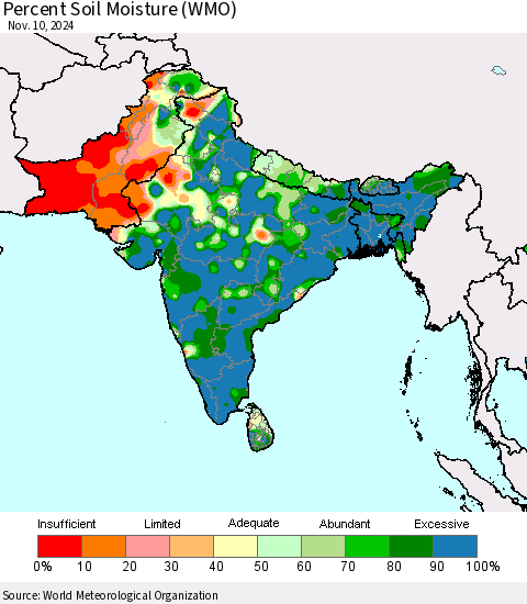 Southern Asia Percent Soil Moisture (WMO) Thematic Map For 11/6/2024 - 11/10/2024