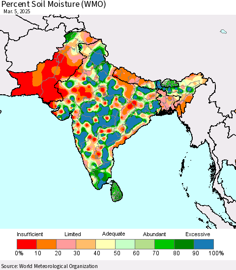 Southern Asia Percent Soil Moisture (WMO) Thematic Map For 3/1/2025 - 3/5/2025