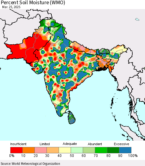 Southern Asia Percent Soil Moisture (WMO) Thematic Map For 3/21/2025 - 3/25/2025