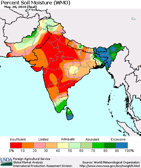 Southern Asia Percent Soil Moisture (WMO) Thematic Map For 5/14/2018 - 5/20/2018