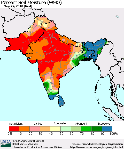 Southern Asia Percent Soil Moisture (WMO) Thematic Map For 5/21/2018 - 5/27/2018