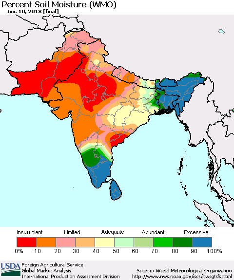 Southern Asia Percent Soil Moisture (WMO) Thematic Map For 6/4/2018 - 6/10/2018