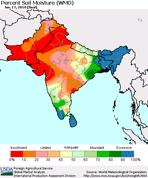 Southern Asia Percent Soil Moisture (WMO) Thematic Map For 6/11/2018 - 6/17/2018