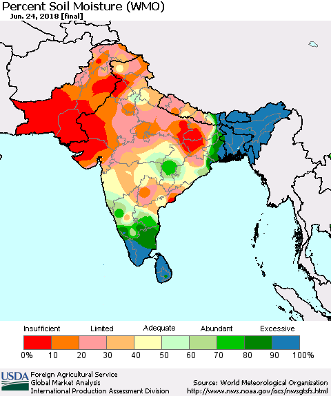 Southern Asia Percent Soil Moisture (WMO) Thematic Map For 6/18/2018 - 6/24/2018
