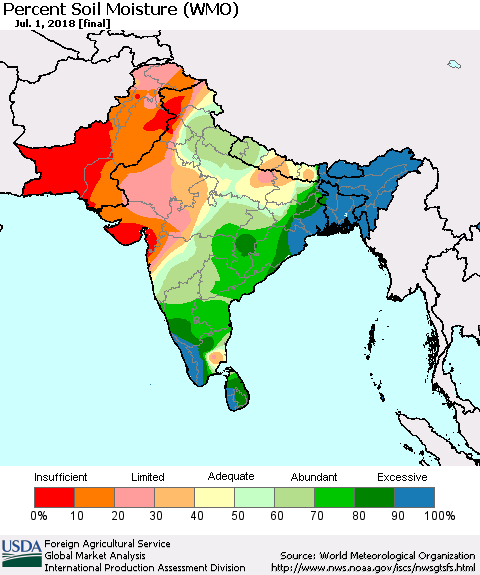 Southern Asia Percent Soil Moisture (WMO) Thematic Map For 6/25/2018 - 7/1/2018