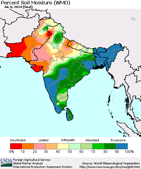 Southern Asia Percent Soil Moisture (WMO) Thematic Map For 7/2/2018 - 7/8/2018
