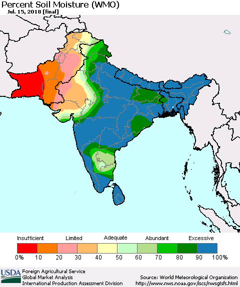 Southern Asia Percent Soil Moisture (WMO) Thematic Map For 7/9/2018 - 7/15/2018