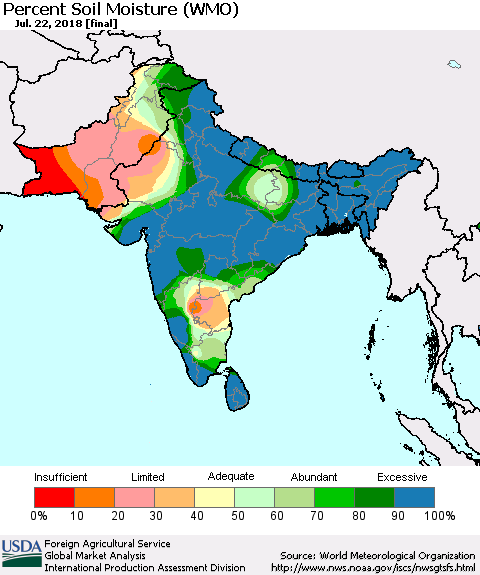 Southern Asia Percent Soil Moisture (WMO) Thematic Map For 7/16/2018 - 7/22/2018