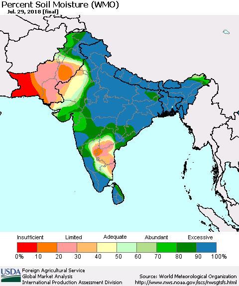Southern Asia Percent Soil Moisture (WMO) Thematic Map For 7/23/2018 - 7/29/2018