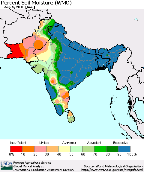 Southern Asia Percent Soil Moisture (WMO) Thematic Map For 7/30/2018 - 8/5/2018