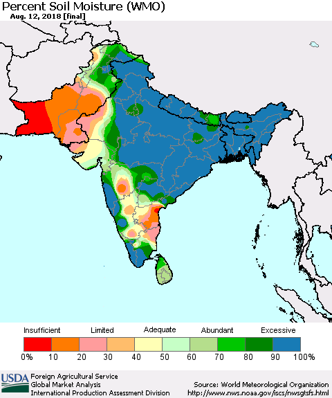 Southern Asia Percent Soil Moisture (WMO) Thematic Map For 8/6/2018 - 8/12/2018